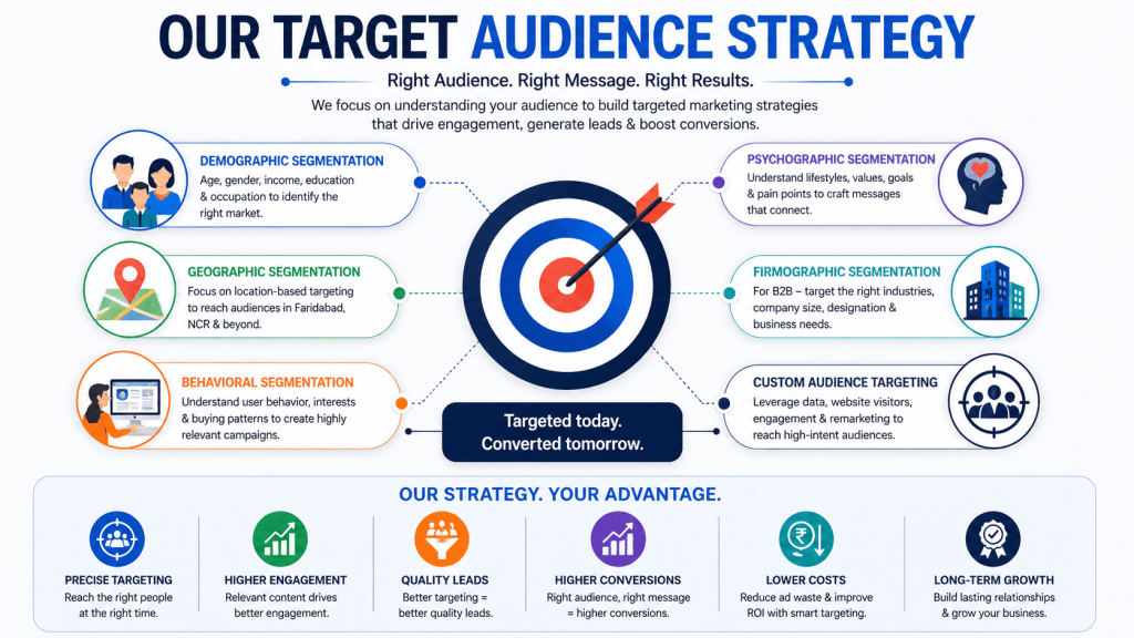 Target audience strategy infographic showing customer segmentation, behavior analysis and marketing targeting approach