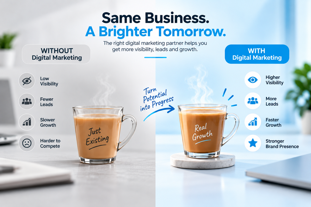 Without and with digital marketing showing visibility, leads and business growth