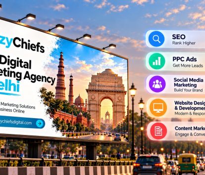 Best digital marketing agency in Delhi featuring Crazy Chiefs Digital billboard and SEO, PPC, social media, website design, and content marketing services.