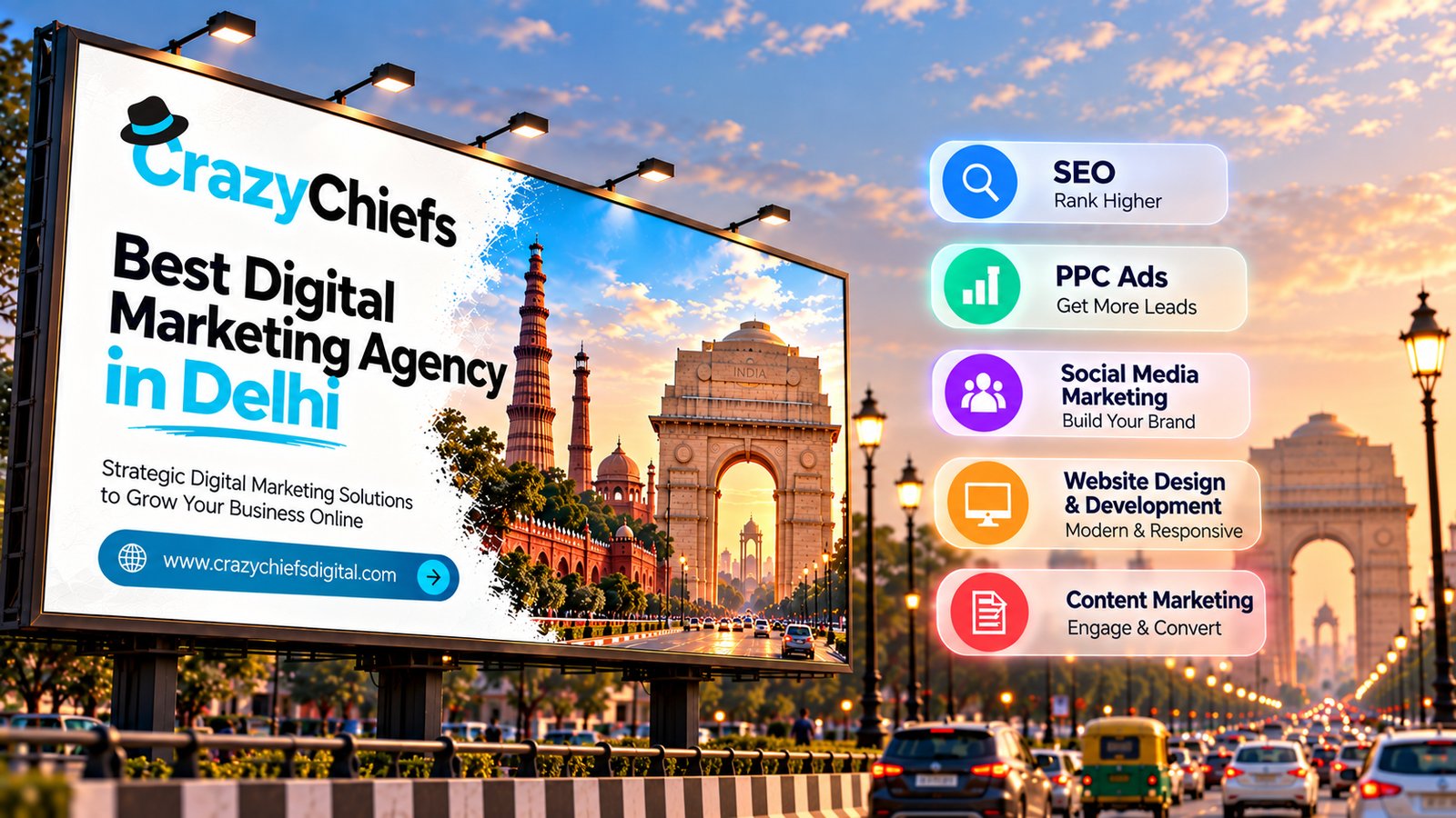 Best digital marketing agency in Delhi featuring Crazy Chiefs Digital billboard and SEO, PPC, social media, website design, and content marketing services.